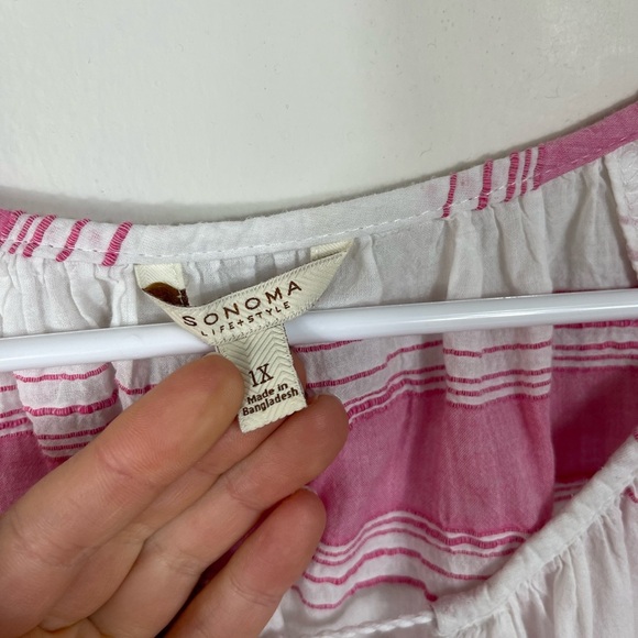 Sonoma Life Style Pink 3/4 Sleeve Blouse Lace Up Women's Pink White Strip Sz 1X - Picture 6 of 12